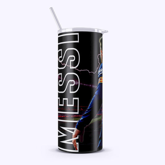 Tumbler with a graphic design featuring a person in a blue jacket on a black background.