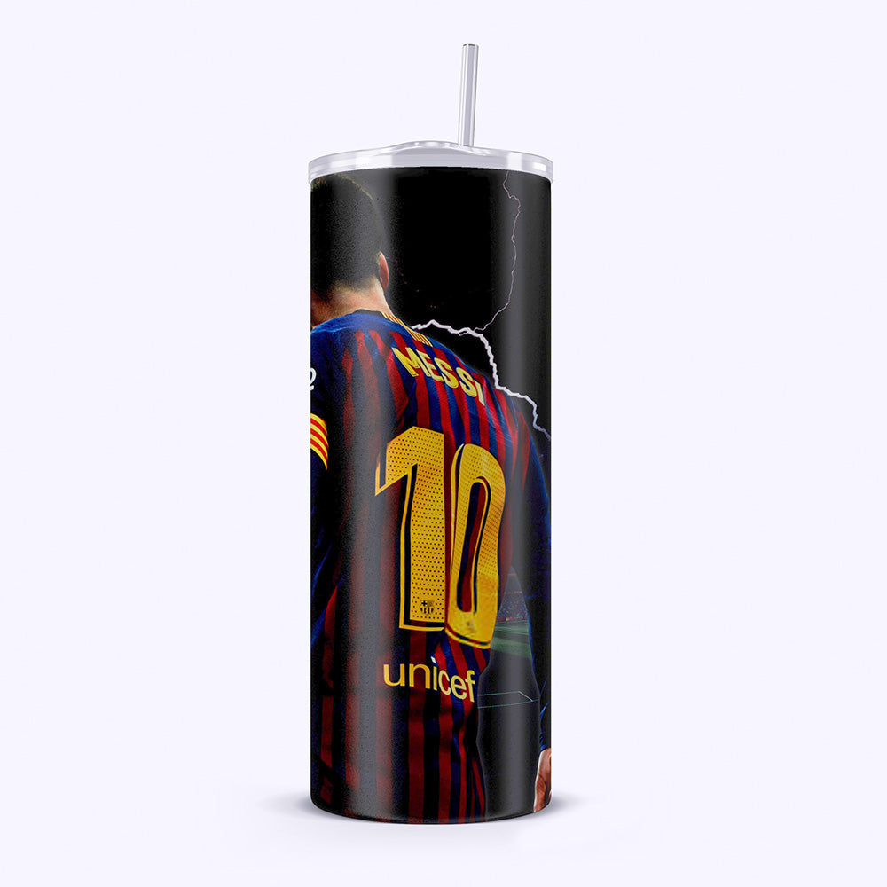 Tumbler with a soccer player in a striped jersey and 'Unicef' logo on a black background