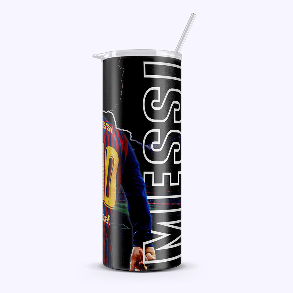 Tumbler with a sports player design and 'Messi' branding on a white background