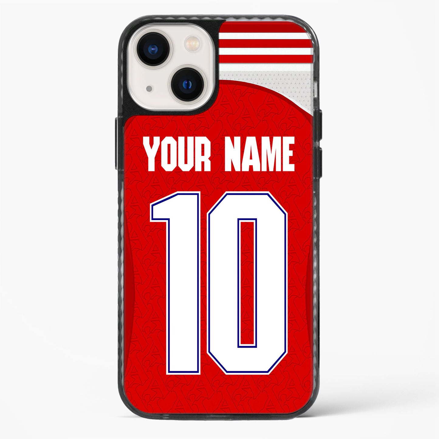 Phone case with red background, white text space, and black border