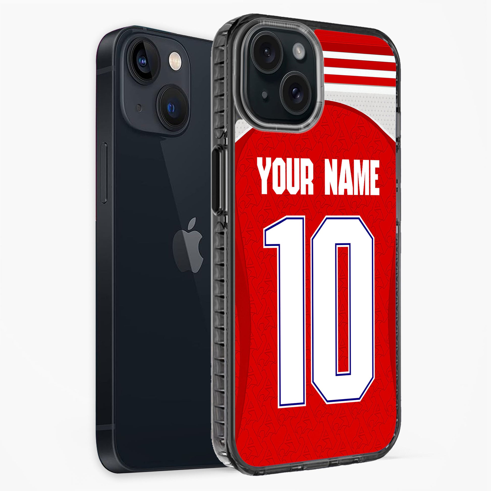Phone case with red background, white text, and black phone