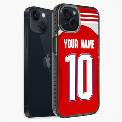Phone case with red background, white text, and black phone