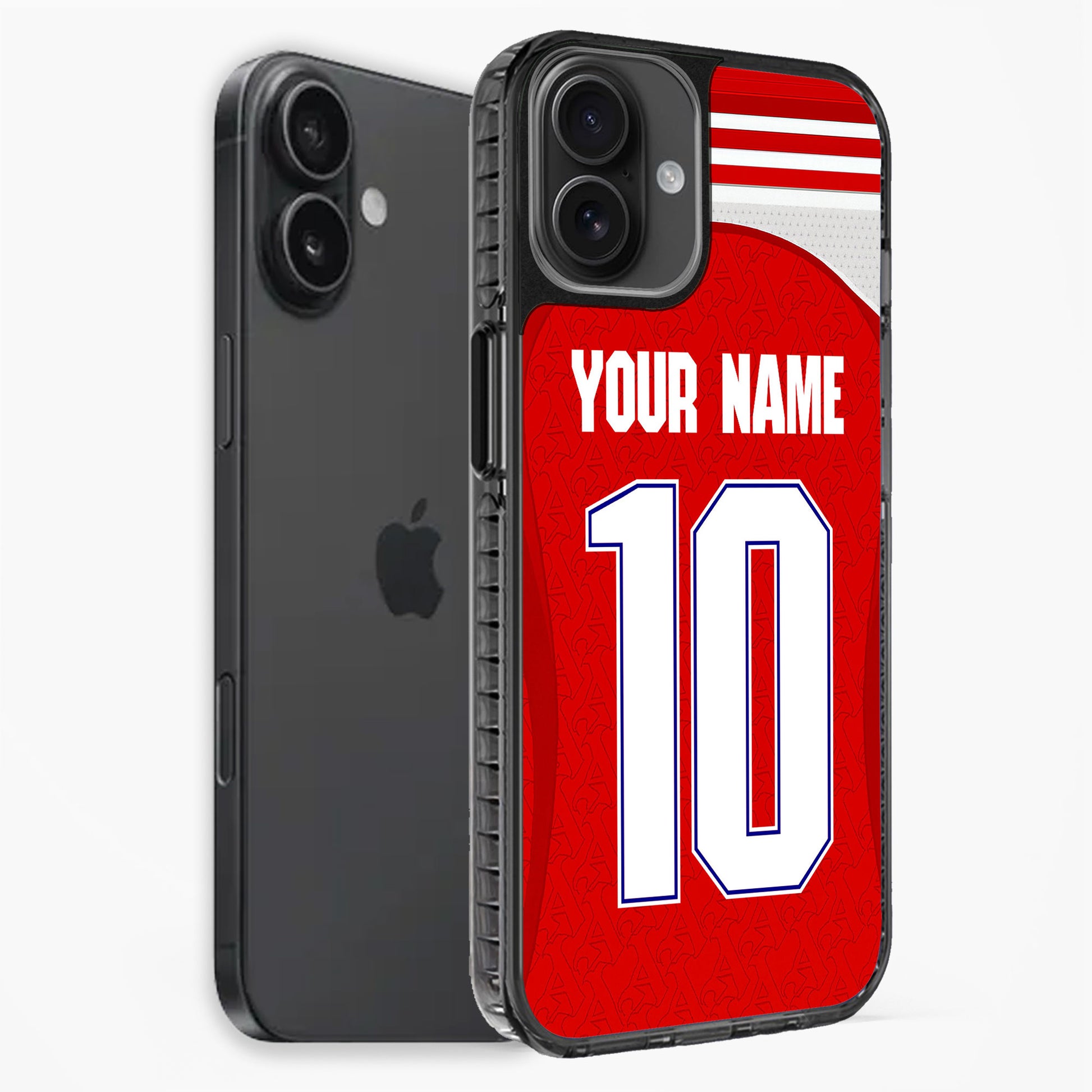 Phone case with customizable text on a white background