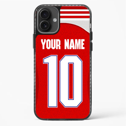 Phone case with red background, white text area for 'Your Name' and number '10', black border