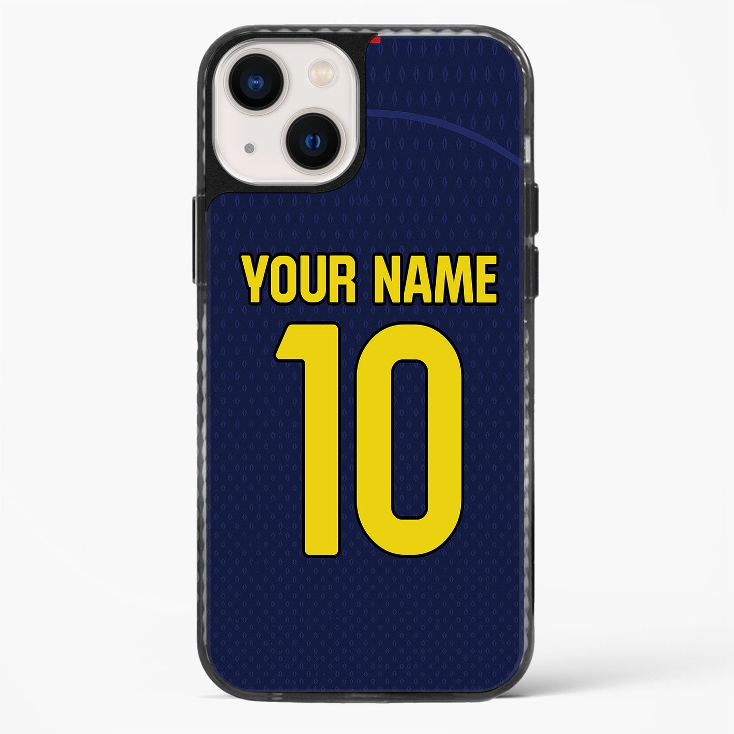 Phone case with customizable text on a blue background