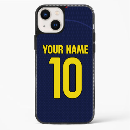 Phone case with customizable text on a blue background