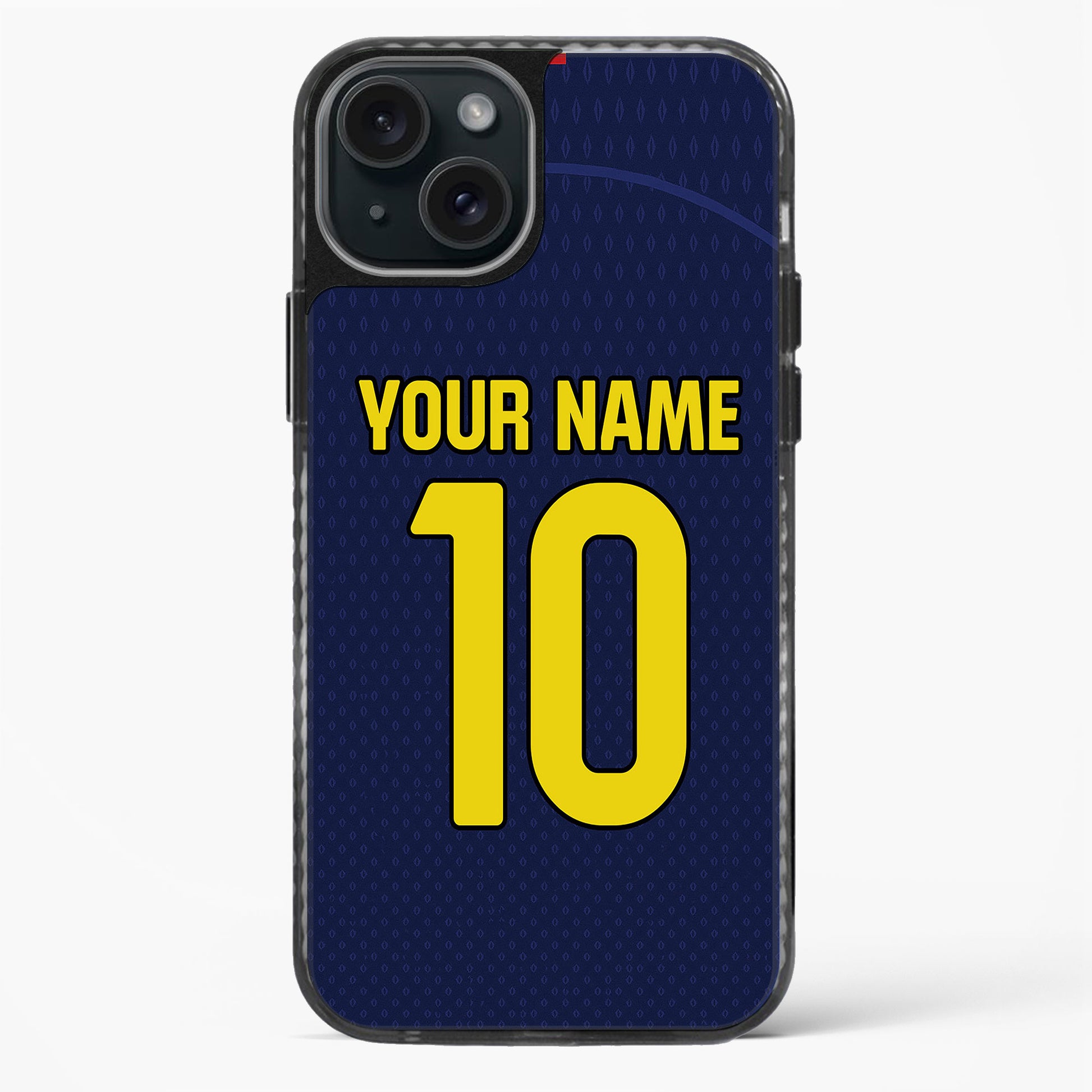 Phone case with customizable text on a blue background