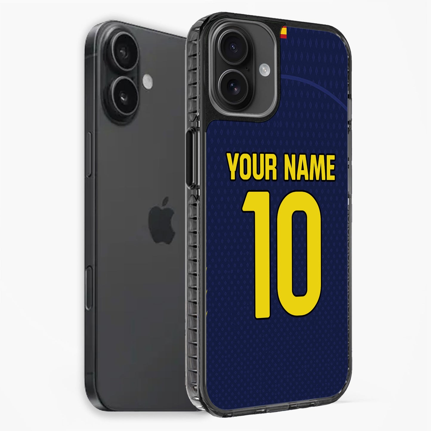 Phone case with customizable text on a white background