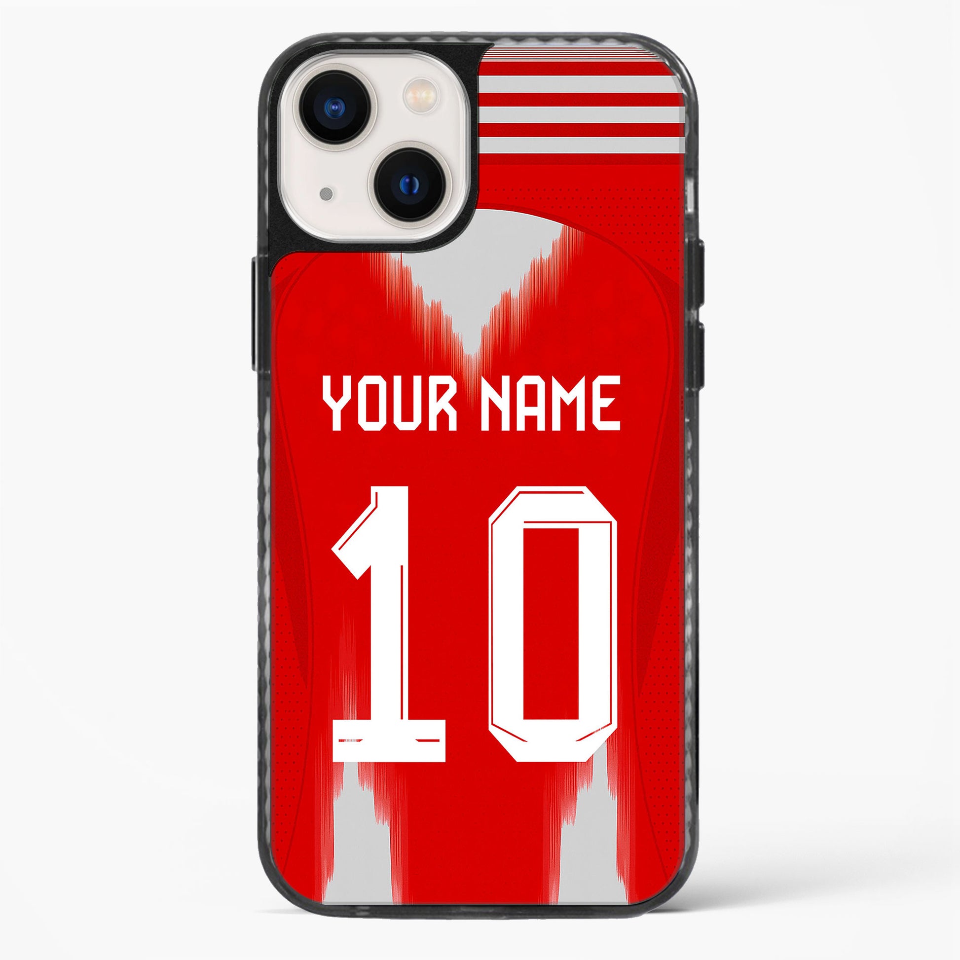 Phone case with red background, white number 10, and space for personalization on a white background