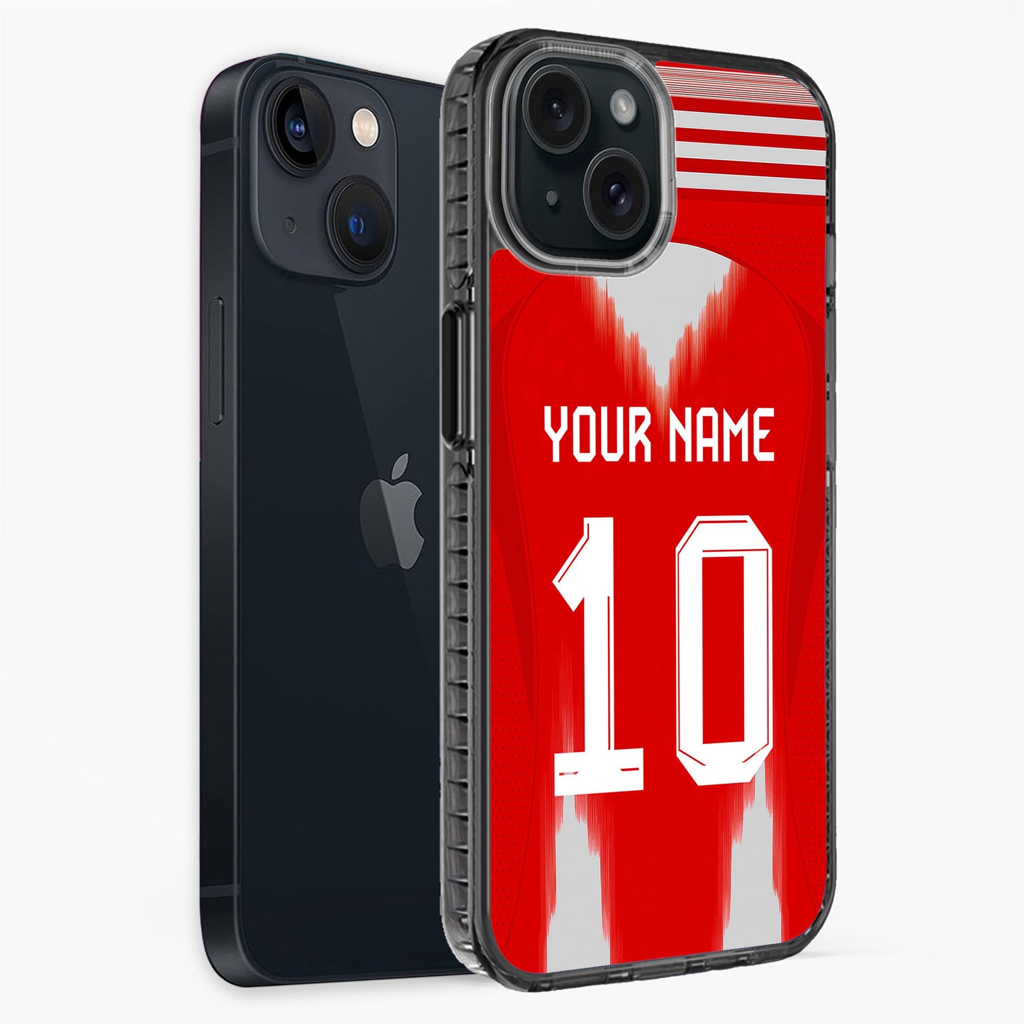 Phone case with red background, white text, and black border