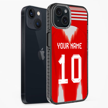 Phone case with red background, white text, and black border
