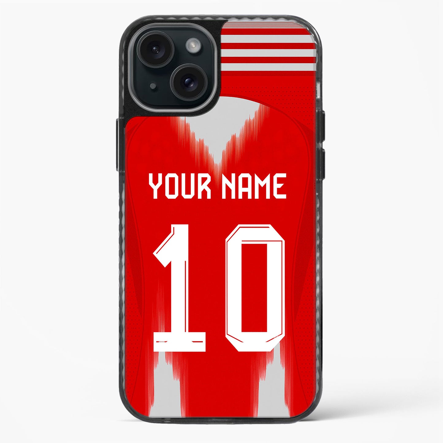 Phone case with red background, number 10, and space for personalization on a white background