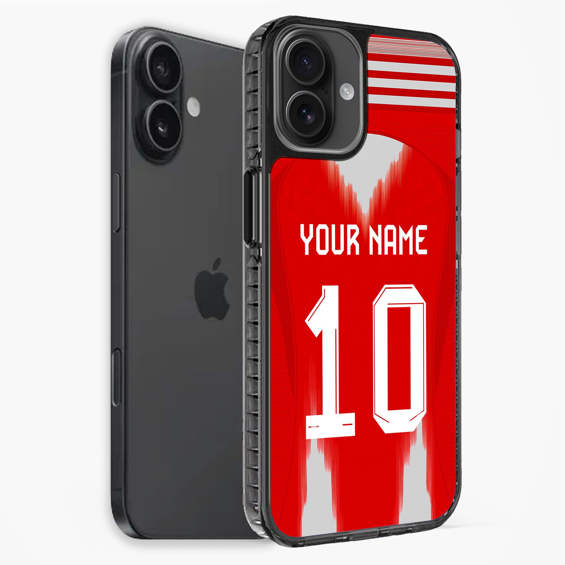 Phone case with red background, white text, and black Apple logo