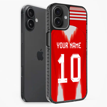 Phone case with red background, white text, and black Apple logo
