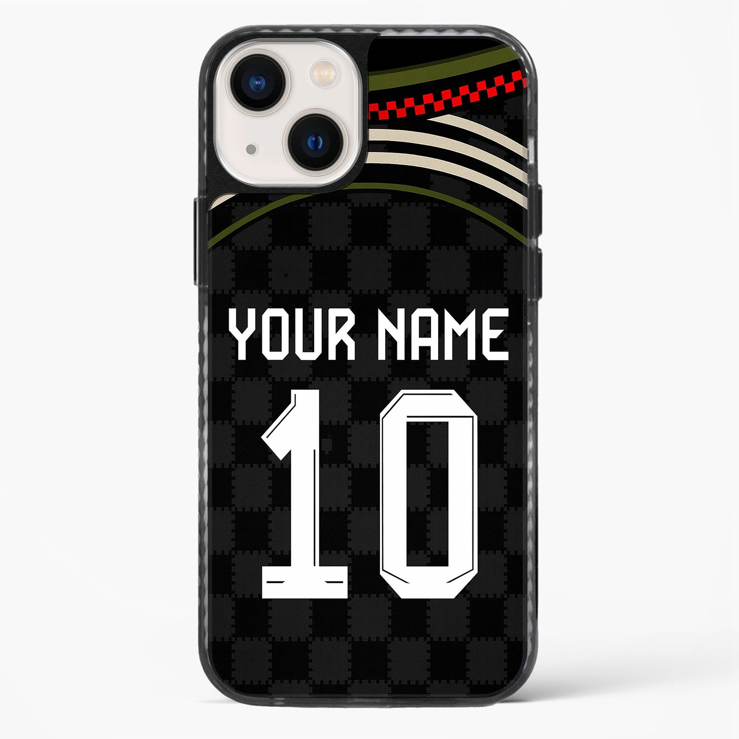 Phone case with customizable name and number on a black background