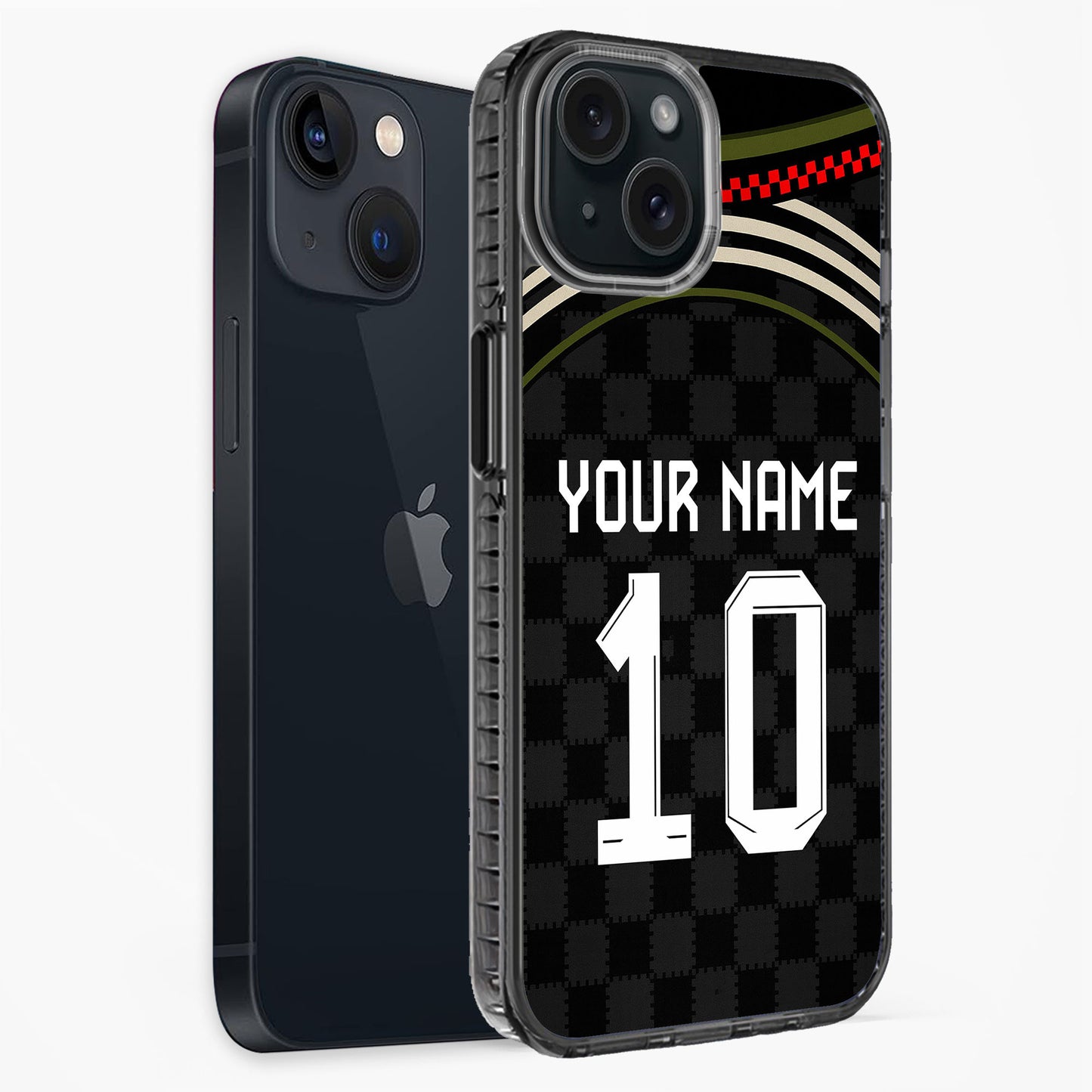 Phone case with customizable text on a black background