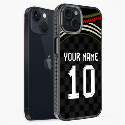 Phone case with customizable text on a black background
