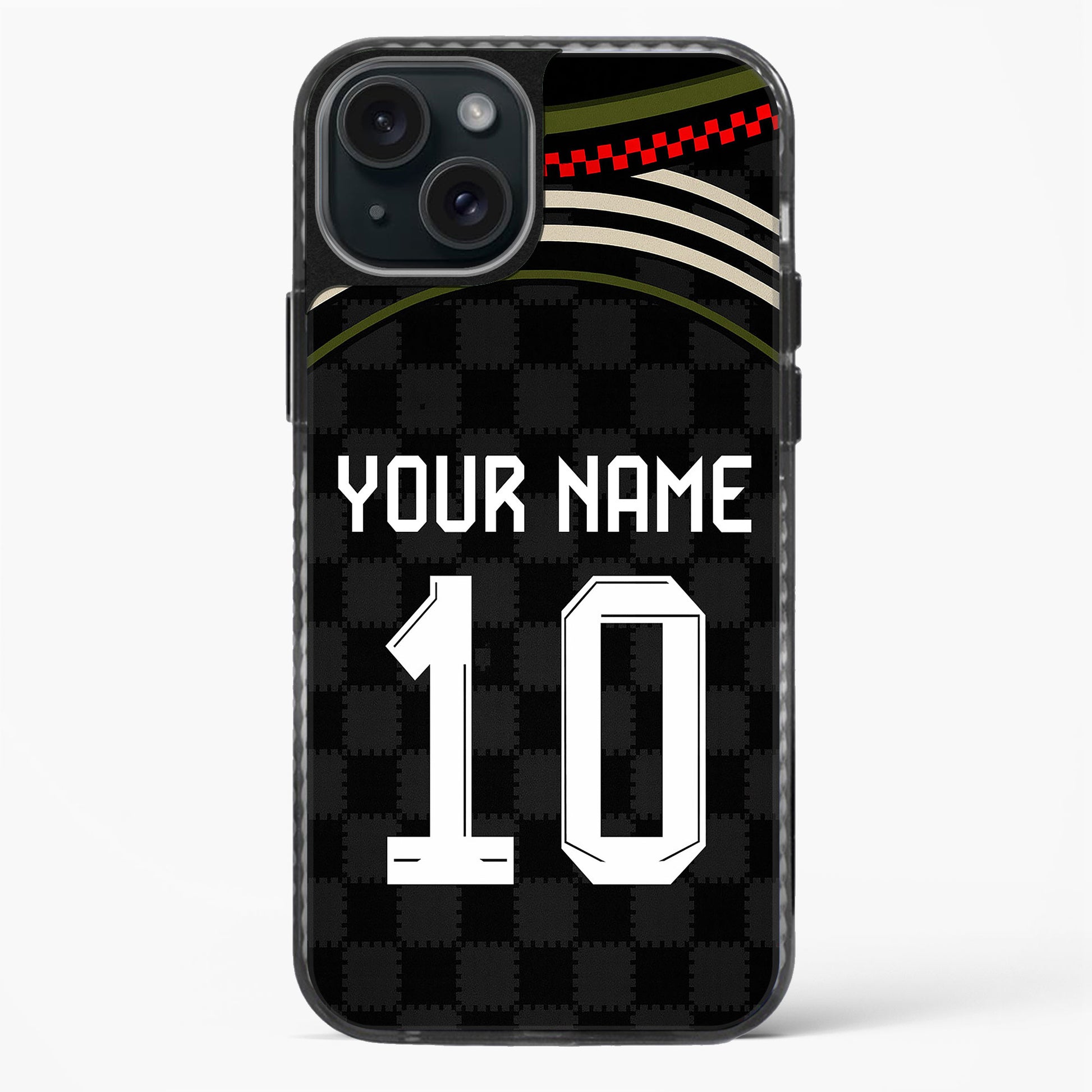Phone case with customizable text on a black background