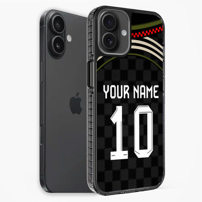 Phone case with customizable text on a black background