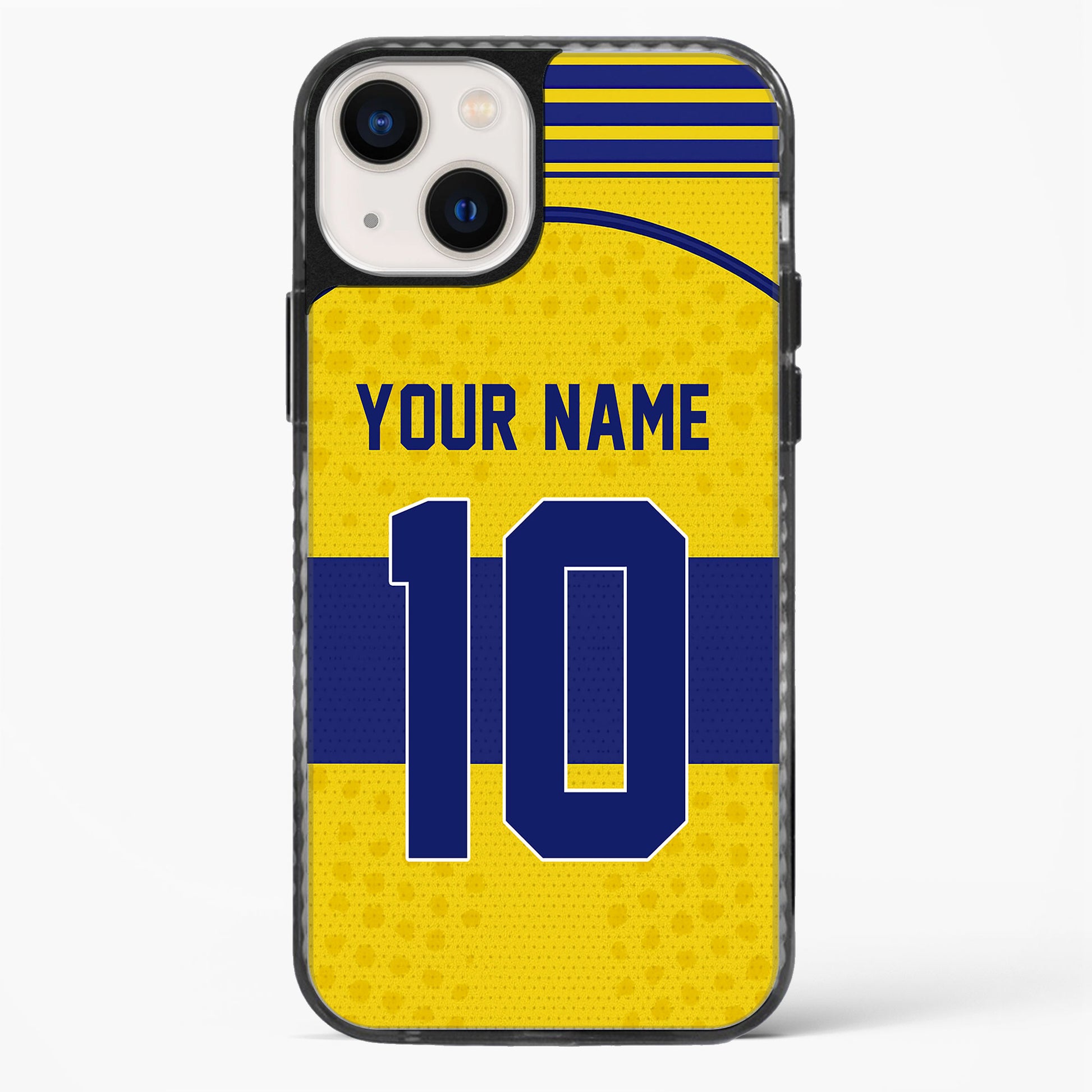 Phone case with yellow and blue design, customizable text, on a white background