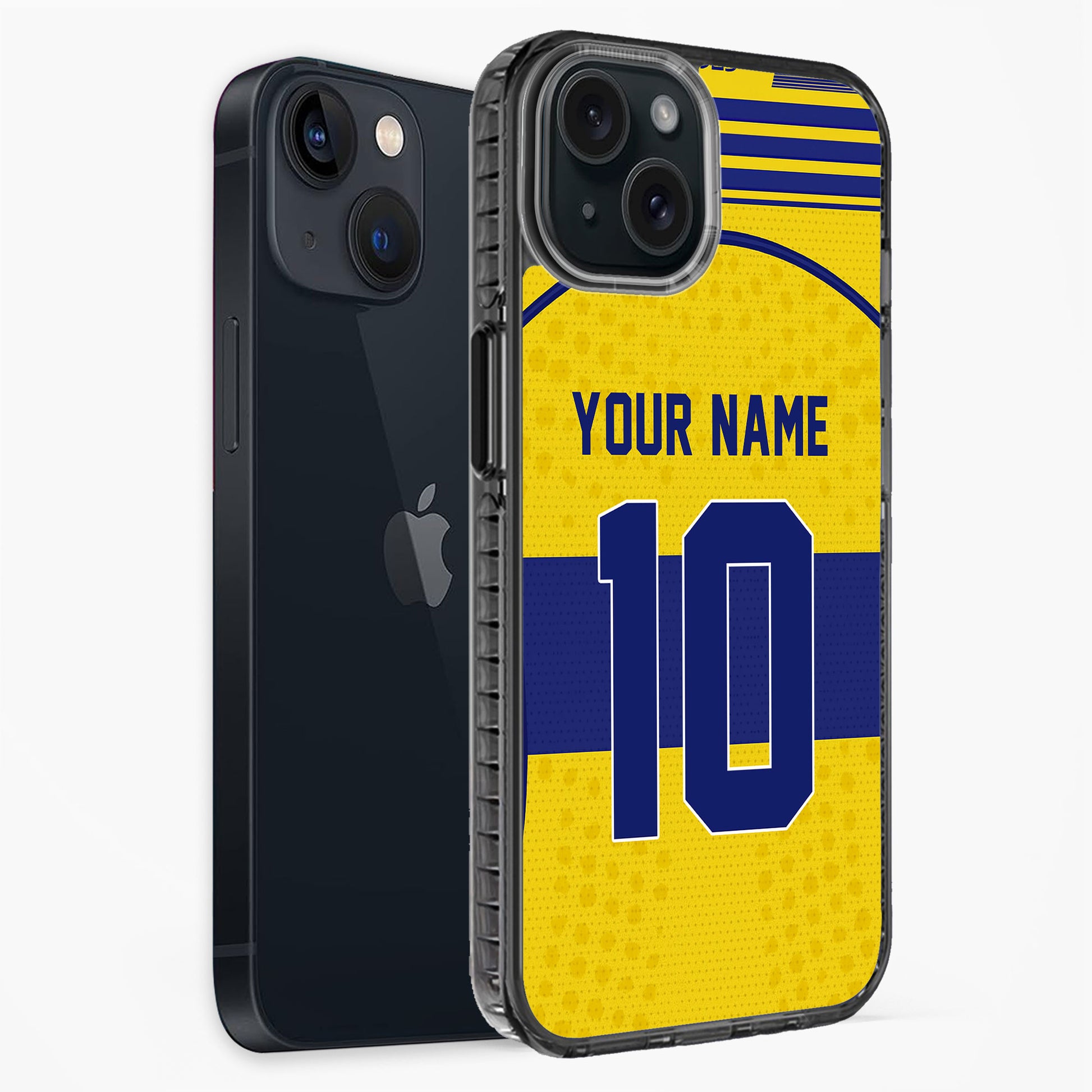 Phone case with yellow and blue design, customizable text, on a white background