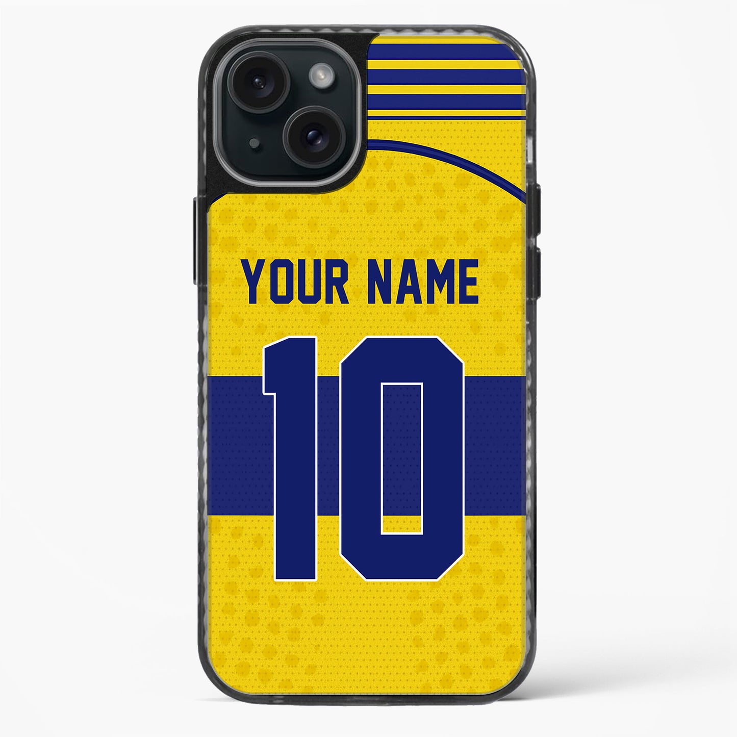 Phone case with yellow and blue design, customizable text, on a white background