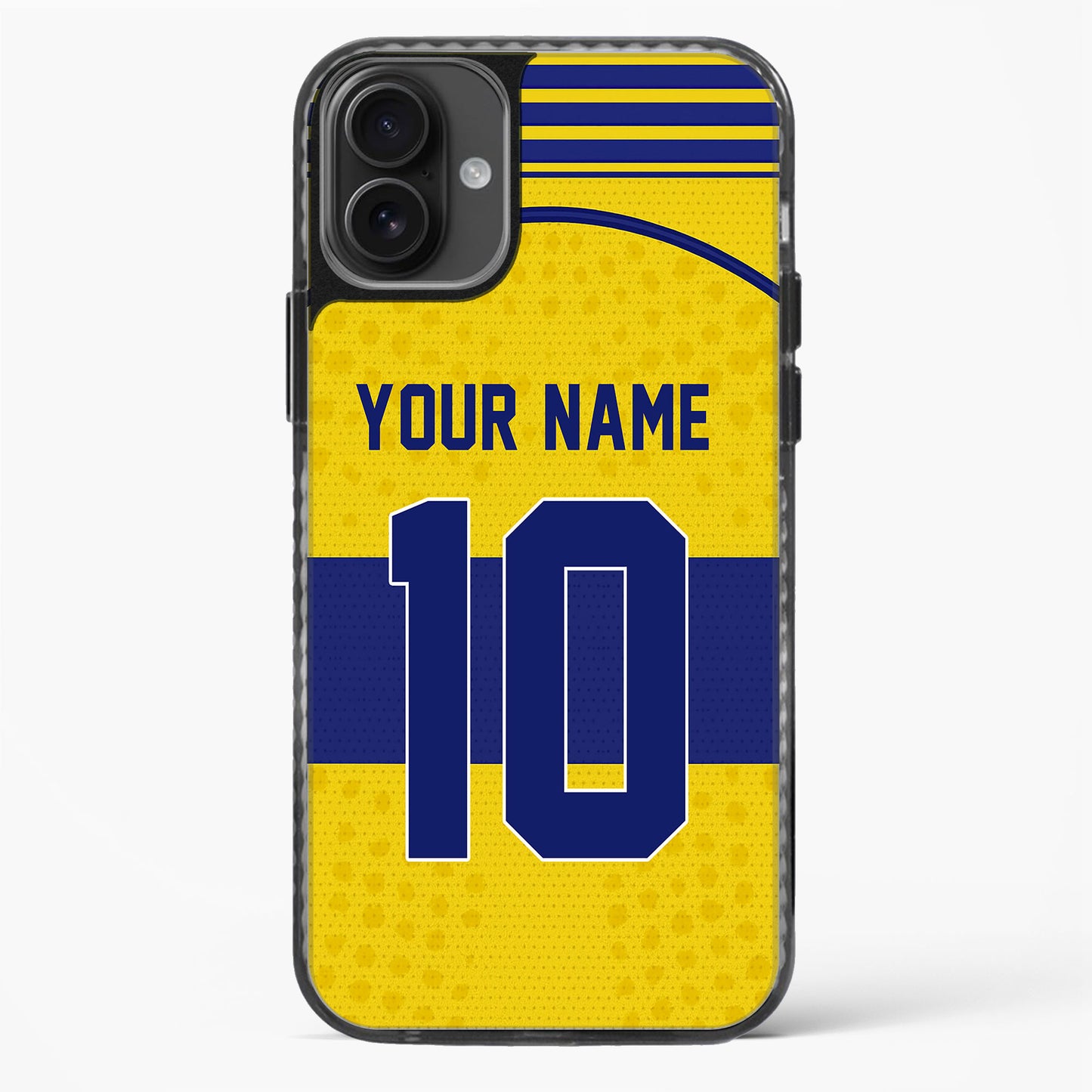 Phone case with yellow and blue design, customizable text, on a white background