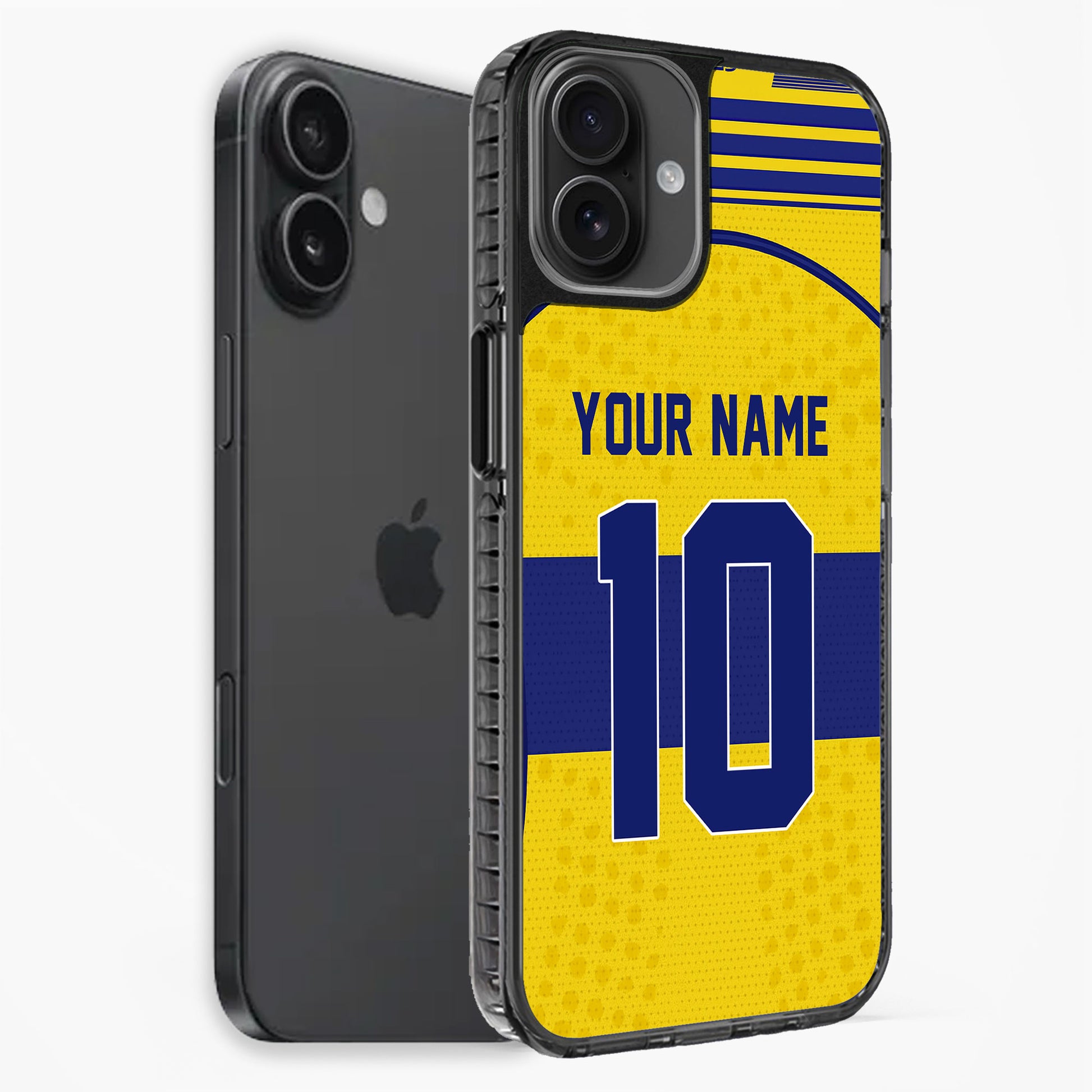 Phone case with yellow and blue design, customizable text, on a white background
