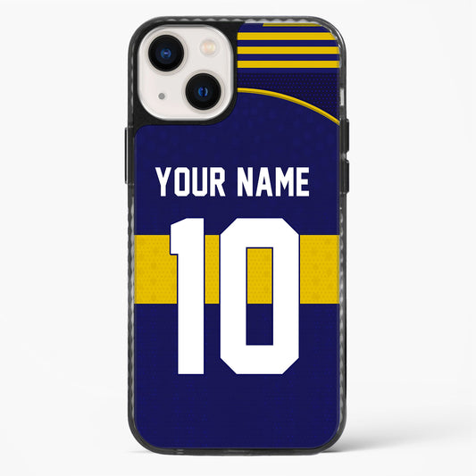 Phone case with customizable text on a blue background