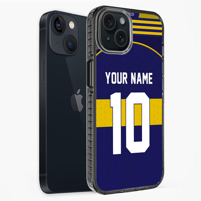 Phone case with customizable name and number on a blue background