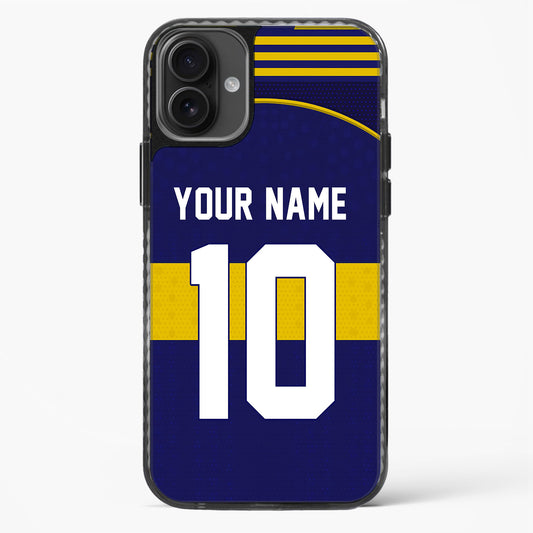 Phone case with customizable text on a blue background