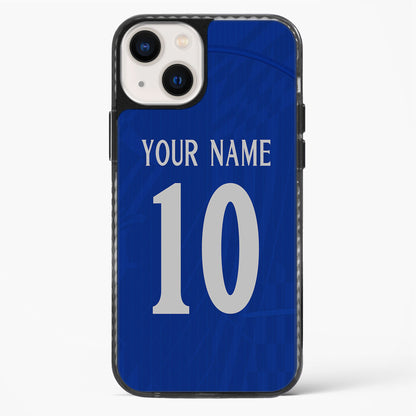 Blue phone case with customizable text on a white background