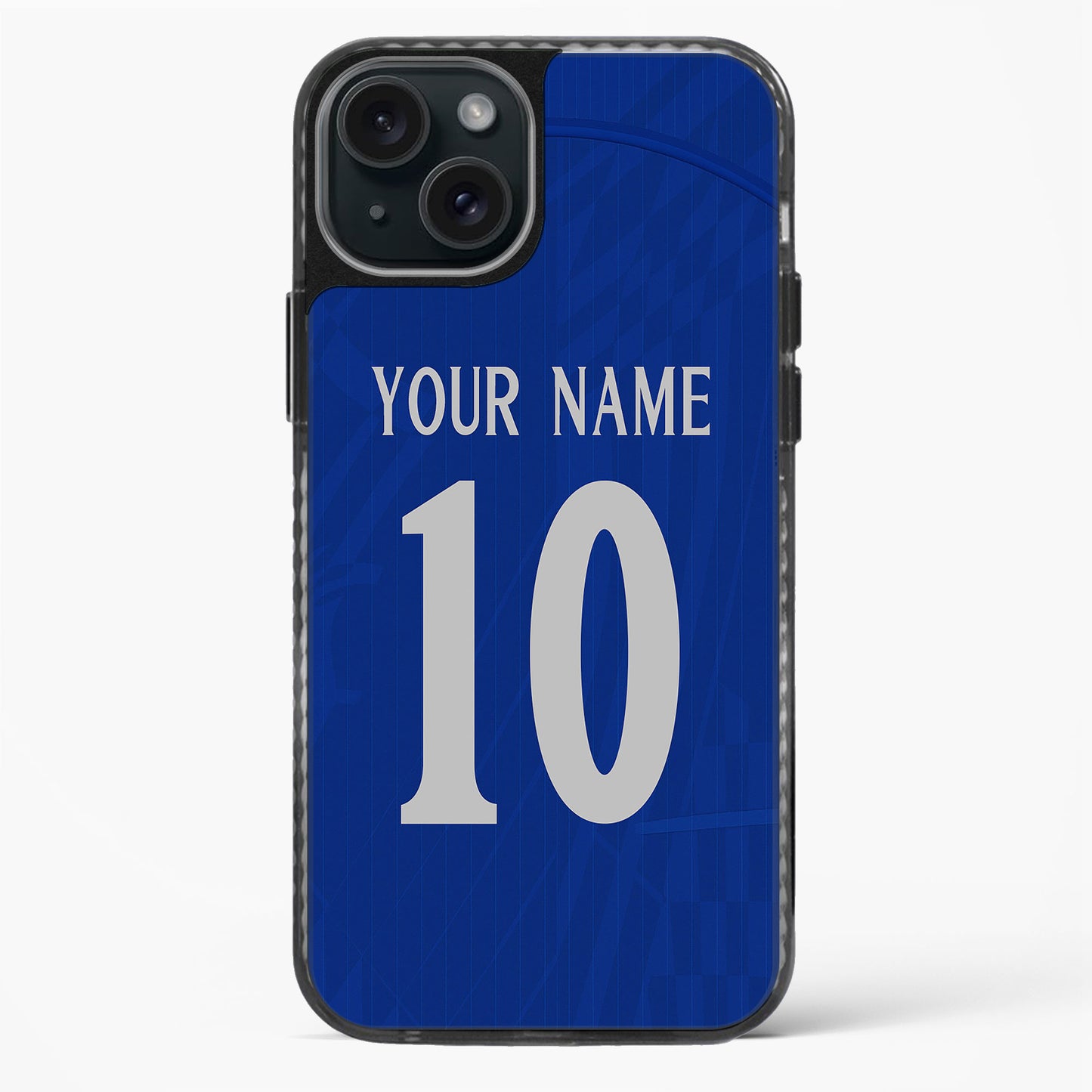 Blue phone case with customizable text on a white background