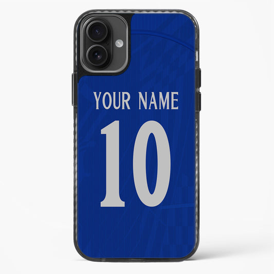 Blue phone case with customizable text on a white background