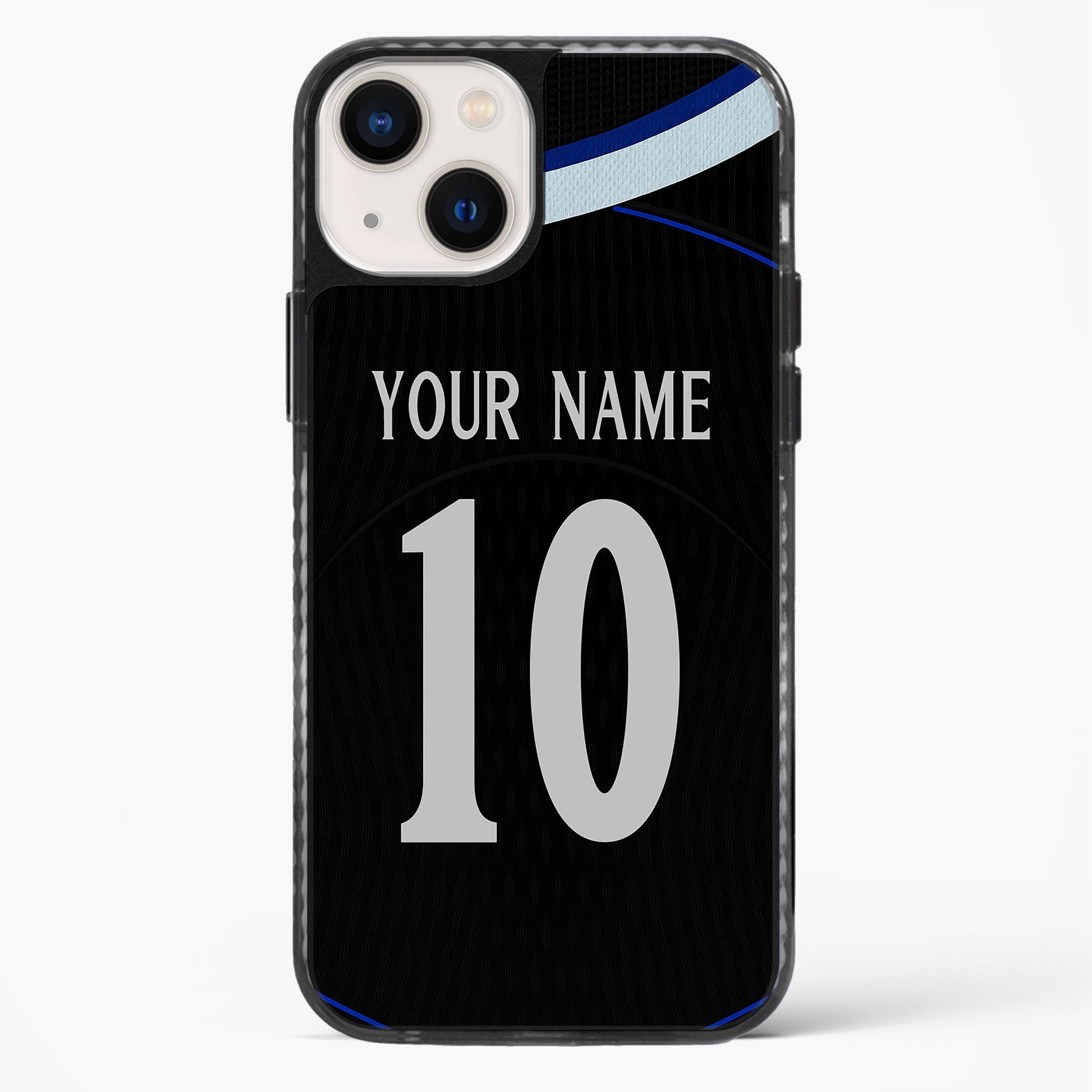 Phone case with customizable text on a black background