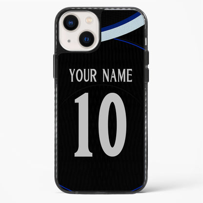 Phone case with customizable text on a black background