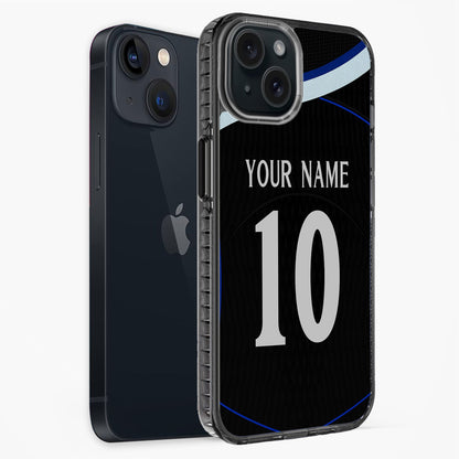 Phone case with customizable name and number on a black background
