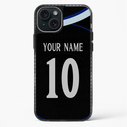 Phone case with customizable text on a black background