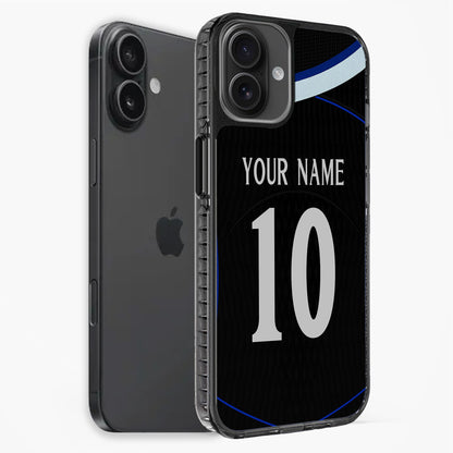 Phone case with customizable text on a black background