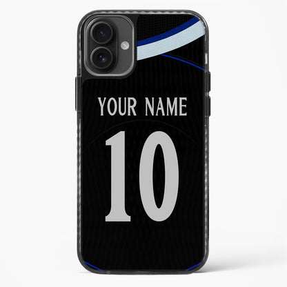 Phone case with customizable text on a black background