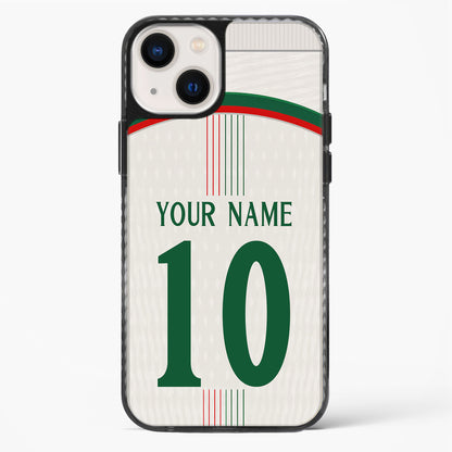 Phone case with a design resembling a sports jersey, featuring numbers and text space for personalization.