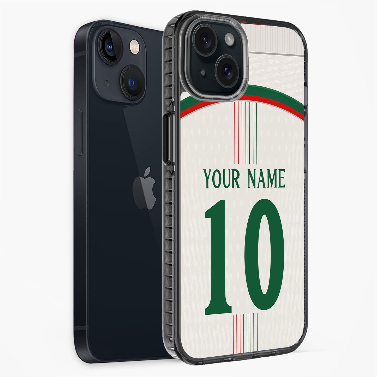 Phone case with customizable name and number on a white background