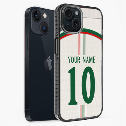 Phone case with customizable name and number on a white background