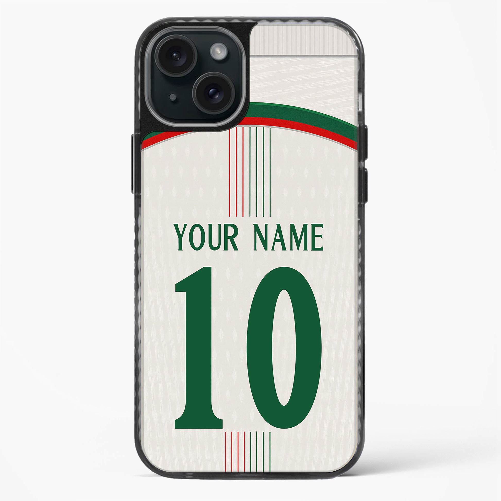 Phone case with soccer jersey design, customizable text, on a white background