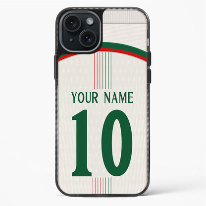 Phone case with soccer jersey design, customizable text, on a white background