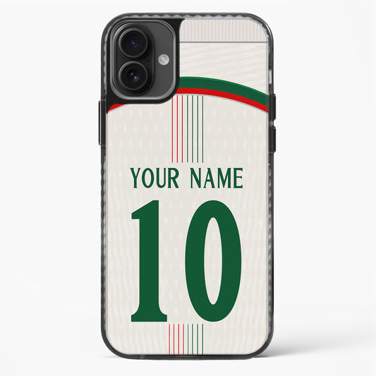 Phone case with Italian flag design and customizable text on a white background