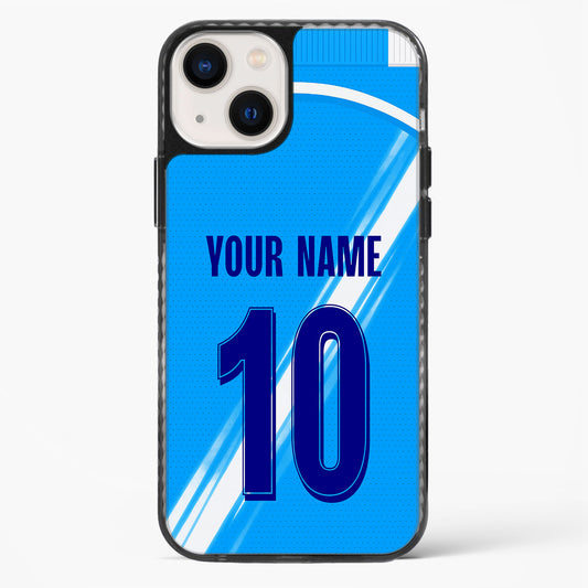 Phone case with blue design, number 10, and customizable text on a white background