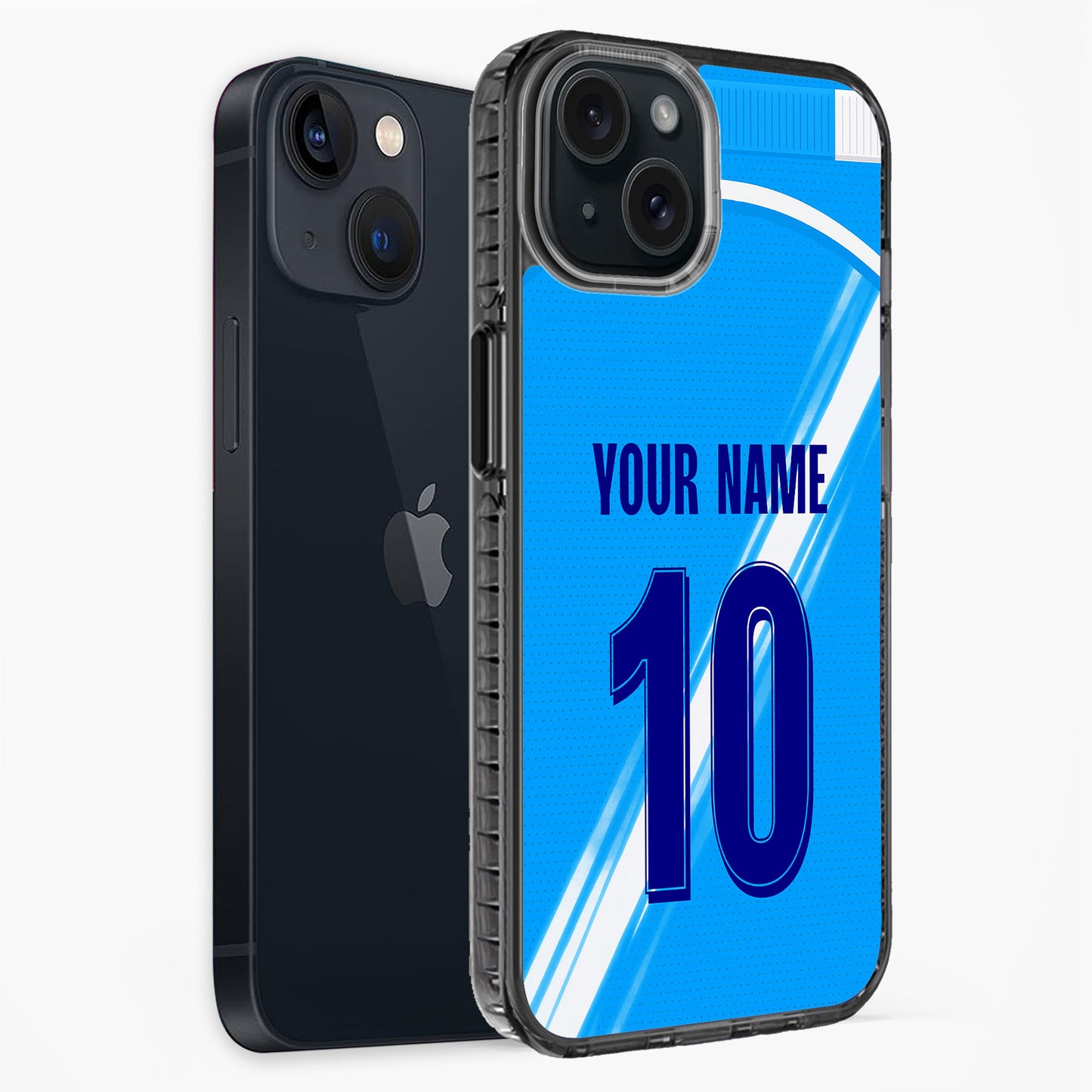 Phone case with blue design and customizable text on a white background