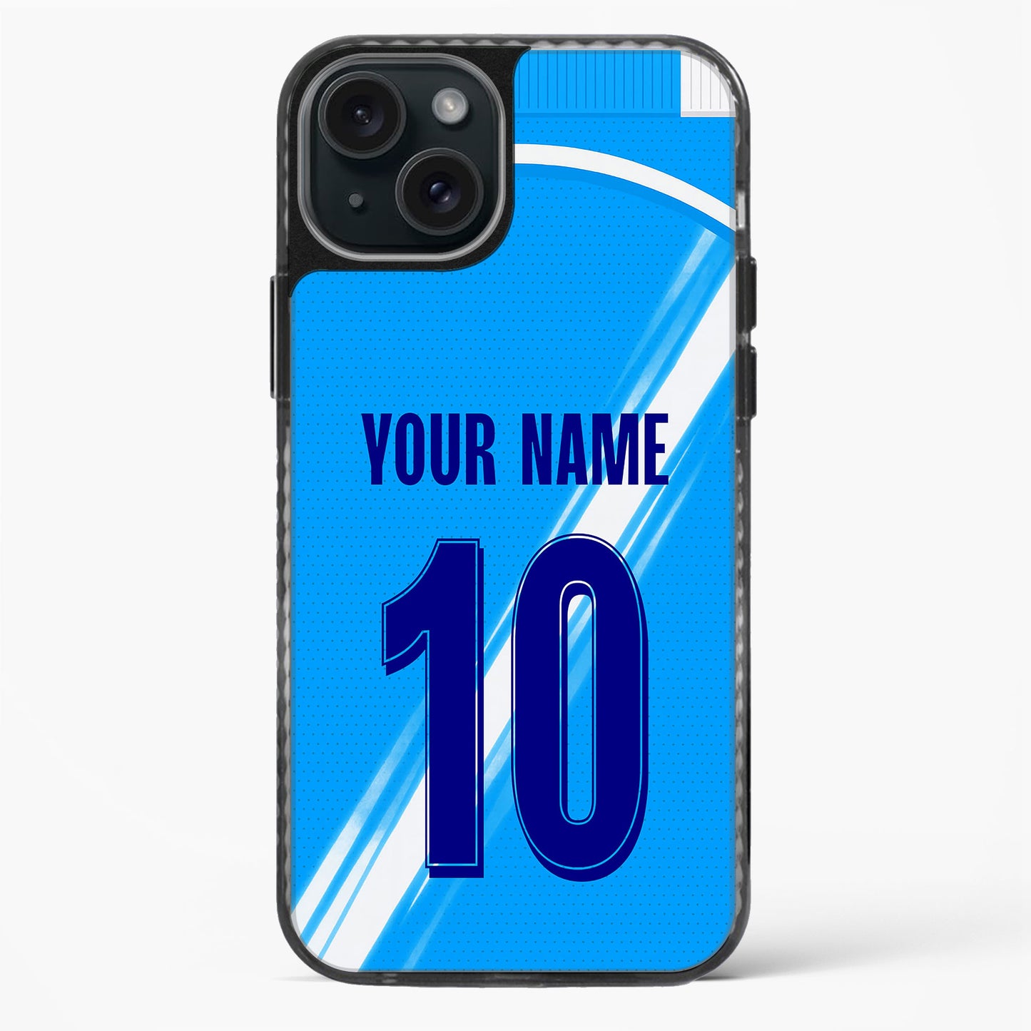 Phone case with blue design, number 10, and customizable text on a white background