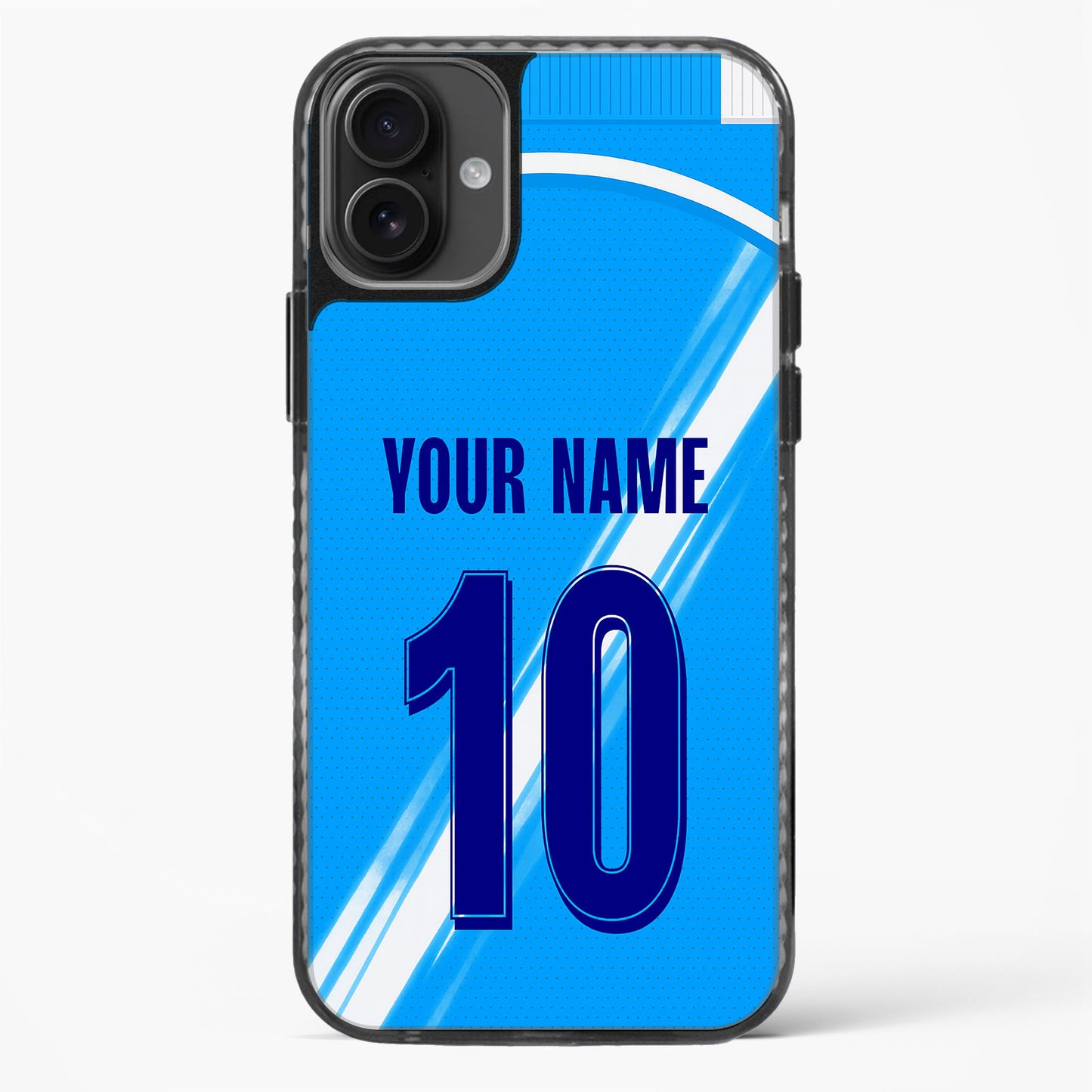 Phone case with blue design, number 10, and customizable text on a white background